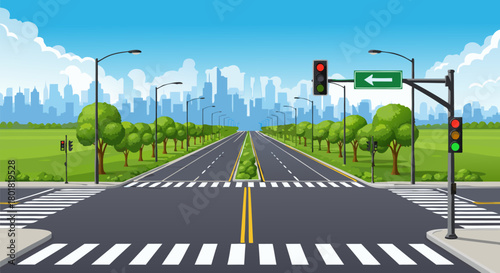 Vibrant cartoon road illustration with crosswalks, traffic lights, and trees leading to a modern urban skyline, depicting city transportation and infrastructure