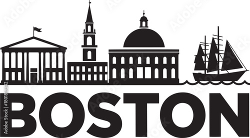 Boston massachusetts skyline vector illustration with fanueil hall old north church and sailing ship
