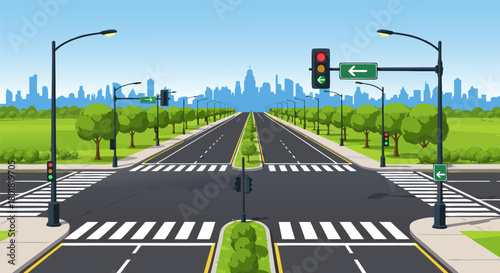 Urban Intersection A Vector Illustration of City Street with Traffic Lights