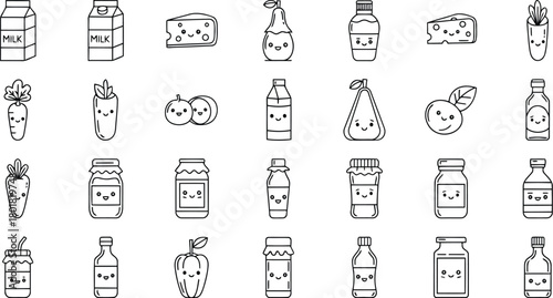 Vector illustration of collection of cute kawaii food and drink items in a doodle style
