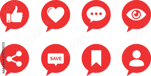 Vector illustration of red social media icons in speech bubble shapes on