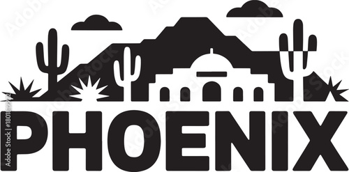 Phoenix arizona city skyline silhouette graphic with mountains desert cacti and historic mission building dome.