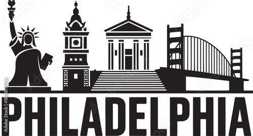 Philadelphia city skyline icon with bridge historic architecture and liberty statue graphic vector illustration.