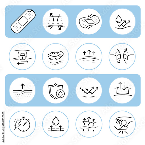 Adhesive bandage strip mockup icons sheet. Set for package, shows user instruction. The outline icons are well scalable and editable. EPS10.	