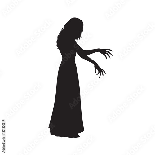Silhouette of a Woman with Long Hair and Reaching Hands