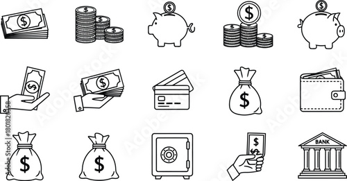 Vector illustration of money and finance icons in outline style on
