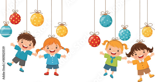 Happy children hanging from christmas ornaments on white background