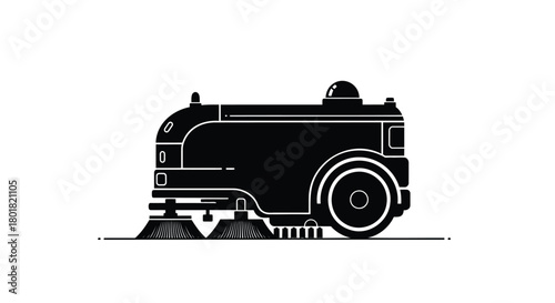 Stylized black silhouette of a modern industrial floor sweeper machine with rotating brushes