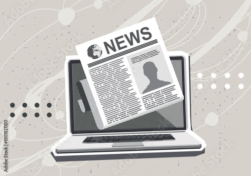 Trendy Halftone Collage with Breaking news on a screen laptop. Media, journalism, or news apps. modern design