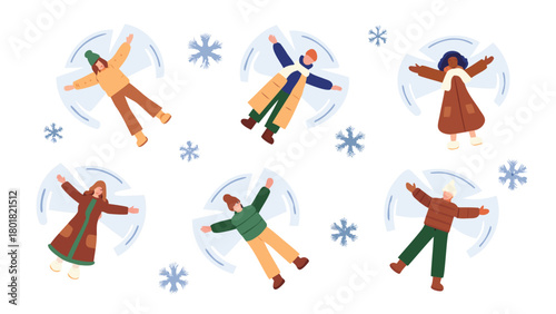 Joyful friends in winter lying on snow covered ground enjoying a festive creative outdoor scene with colorful elements and a sense of togetherness