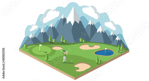 Isometric golf course scene with mountains and player in action