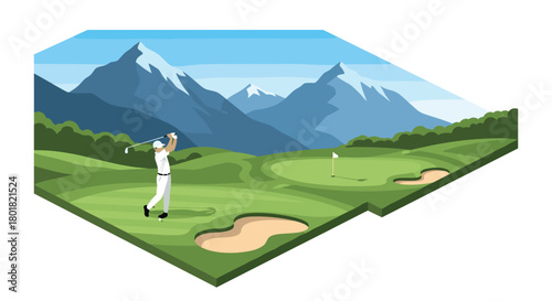 Isometric mountain golf course scene with golfer swinging club on a sunny day