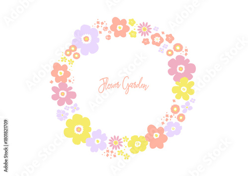 ピンクの花で描く円形フラワーリースフレーム（ナチュラルでやさしい印象）