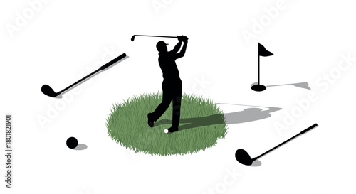 Silhouette of golfer swinging with clubs and green in simple design