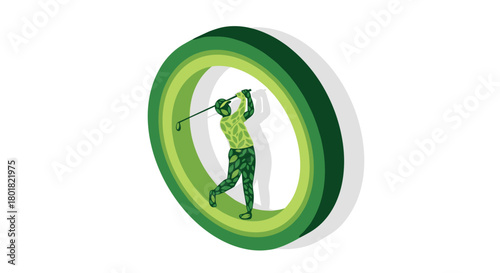 Modern geometric golfer with circular frame design in shades of green