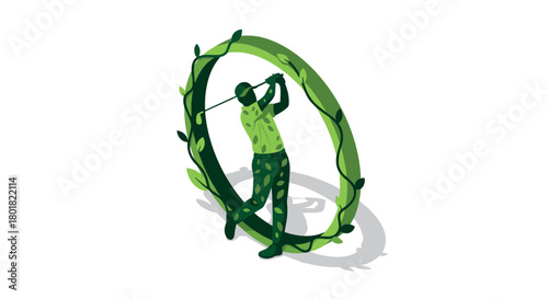 Isometric golf player with eco-friendly design and leaf motif ring