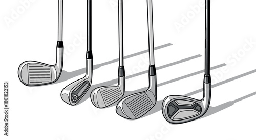 Diverse golf clubs with shadows in monochrome style