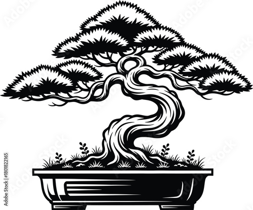 Bonsai tree vector illustration japanese art miniature tree design zen eps silhouette