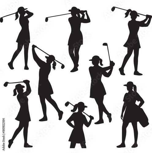 Silhouettes of women playing golf in various poses