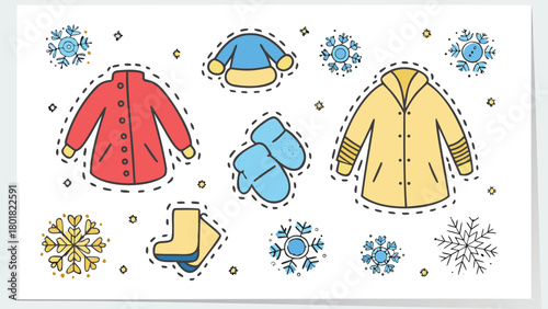 Collection of geometric winter apparel icons featuring hats scarves and mittens in a clean modern design style suitable for seasonal promotions and branding