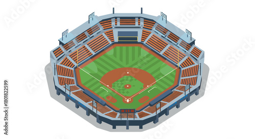 Isometric view of a modern baseball stadium with green field and seating