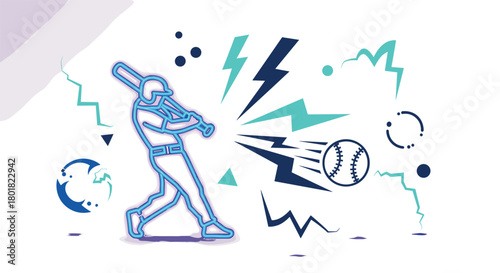 Dynamic neon baseball player with energetic abstract elements and lightning bolts