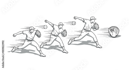 Dynamic baseball pitch sequence with motion lines in black and white