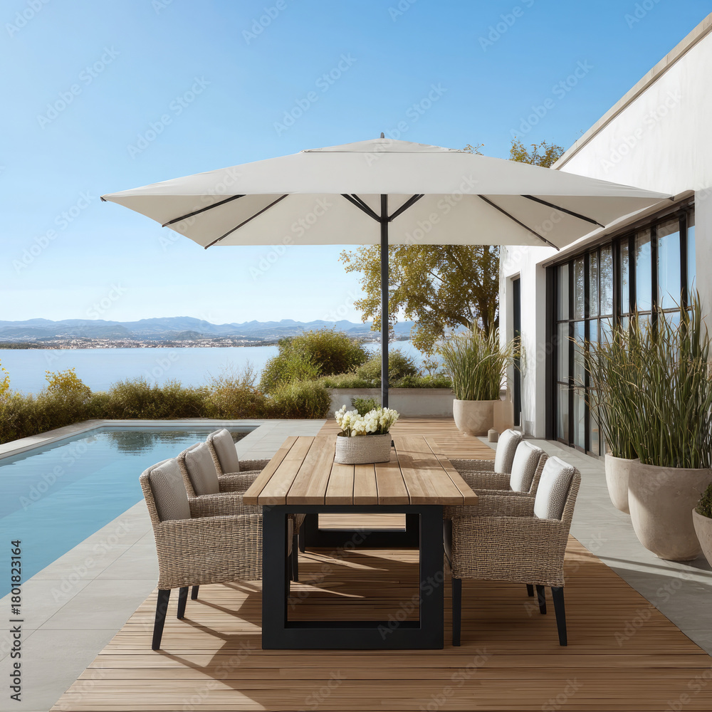 Obraz premium Outdoor dining table with wicker chair wooden deck large umbrella pool potted plant modern house blue sky lake view summer