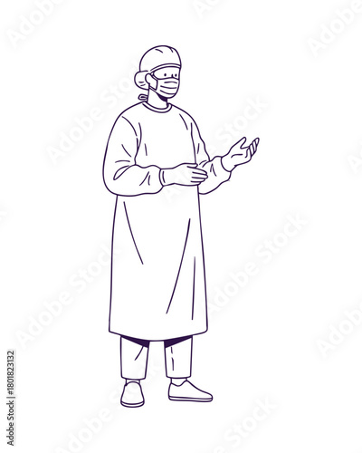 Surgeon in Medical Scrubs Line Art