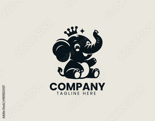 Happy baby king elephant smiles proudly creating charming black vector logo
