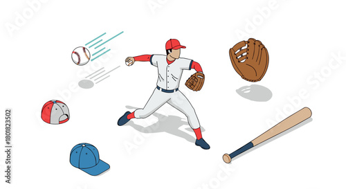 Dynamic baseball player in action with equipment in isometric style