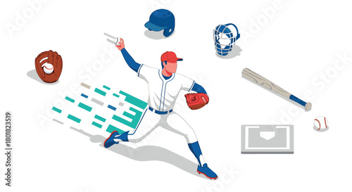 Dynamic baseball player in action with equipment in modern isometric style