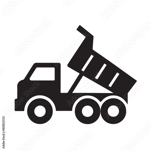 Black dump truck icon tipping load on white Keywords: dump truck, construction vehicle, heavy