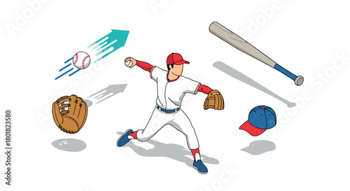 Dynamic baseball player in motion with equipment and arrows indicating movement