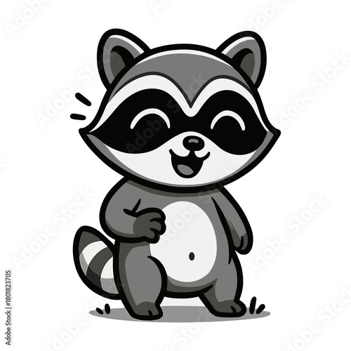 Cartoon raccoon cheerfully gesturing forward