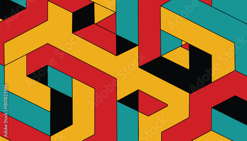 Bold Interlocking Geometric Pattern with Vibrant Colors,Abstract 3D Block Maze in Red, Yellow, Teal, Black,Modern Isometric Shape Design with Dynamic Angles,Colorful Interwoven Cubic Pathway Pattern