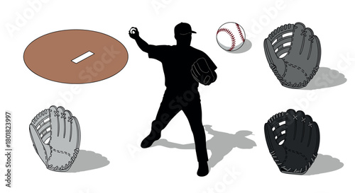 Silhouette baseball player with glove and ball on field