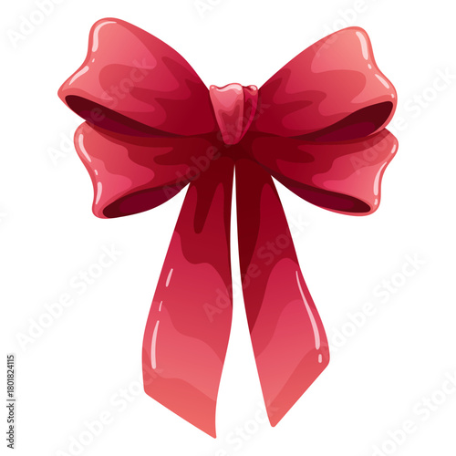 Bright and elegant decorative glossy red ribbon bow. Perfect for creation holiday designs, gift decoration, festive cards, packaging, celebration themes, and decorative elements.