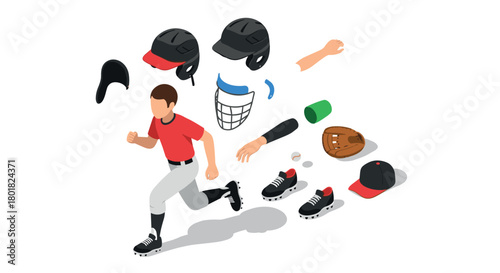 Isometric baseball player and equipment in motion