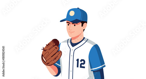 Baseball player in uniform holding glove with cap and jersey