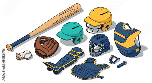 Baseball equipment set featuring helmets, gloves, bat, and protective gear in flat design