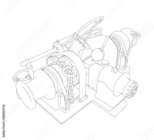 Detailed black and white technical drawing of a ship's windlass winch with labeled components and numbered parts. The contour diagram is isolated on a plain white background for clarity.