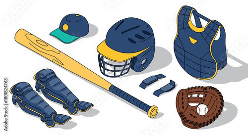 Baseball equipment set in isometric style: bat, helmet, glove, and more