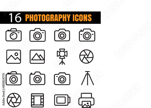 Photography Set | Professional Camera Outline Vector Icons Pack