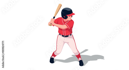 Youth baseball player ready to swing in isometric illustration