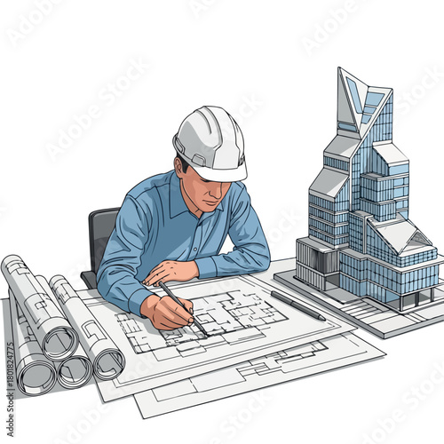 An engineer in a white hard hat and blue shirt works on architectural blueprints with a large building model beside him on a cluttered desk.