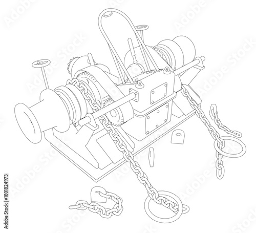 A ship's windlass winch with a chain, pulley, and control lever is depicted in a clean contour drawing.