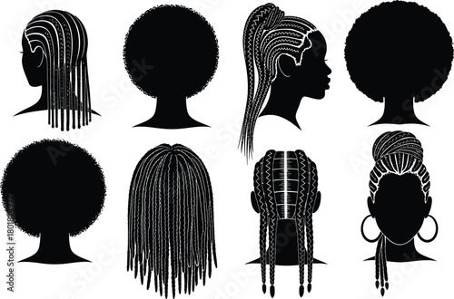 Black women hairstyles vector set afro braids dreadlocks ponytail bun eps silhouette