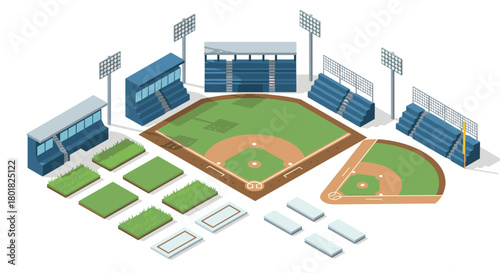 Isometric baseball stadium design with stands and field elements