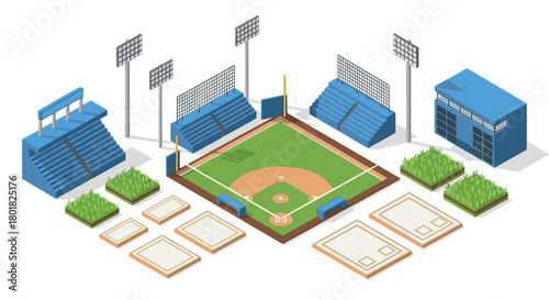 Isometric baseball field with stands and lights in bright colors